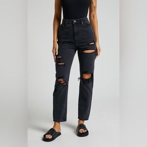 Showpo BILLIE HIGH WAISTED RECYCLED COTTON DISTRESSED MOM JEANS BLACK Size US10